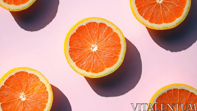 Bold citrus slices cast graphic shadows on pastel pink.
