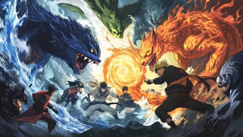 Elemental ninja clash encircled by roaring spirit beasts.