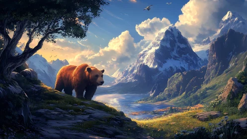 Brown bear standing in sunlit alpine valley by a lake.