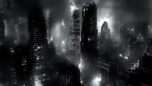 Monochrome neo-noir skyline renders rain-soaked megacity depth