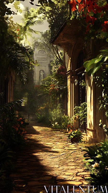 Sunlit courtyard passage where jungle swallows stone.