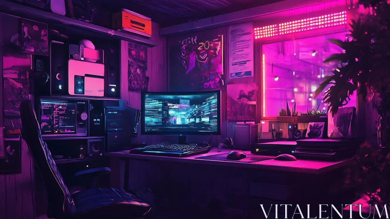 Neon cyberpunk gaming workstation with dual monitor glow.