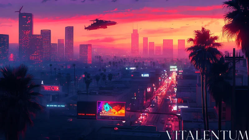 Neon sunset over futuristic palm-lined city street.