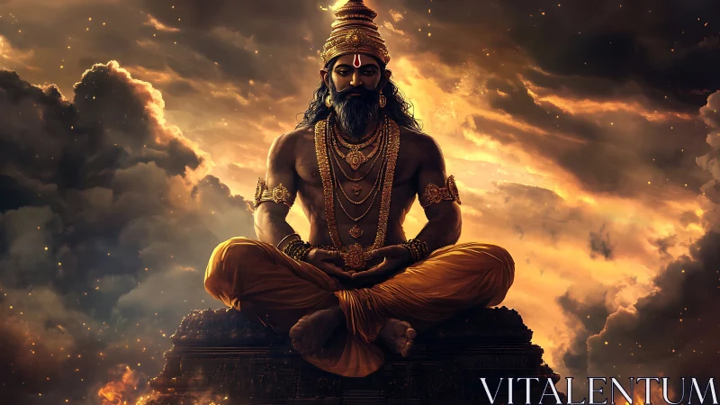 Serene golden deity meditating amid dramatic storm clouds.