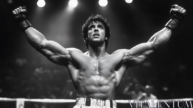 Shirtless Athletic Figure Triumphantly Raising Fists in Ring Under Spotlight.
