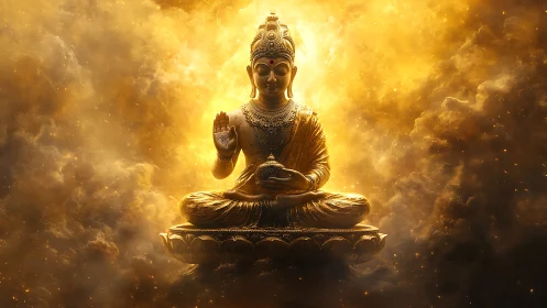 Golden serene Buddha seated in glowing celestial light.