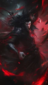 Dark armored figure with red energy accents in motion.