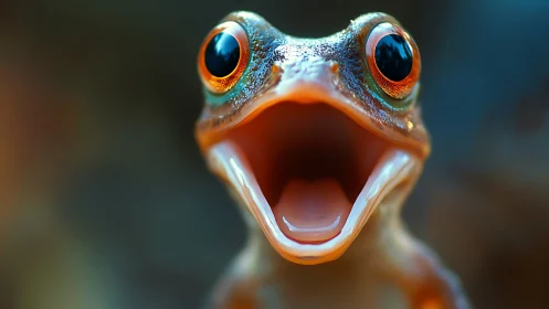 Close macro view of frog head with open mouth shown.