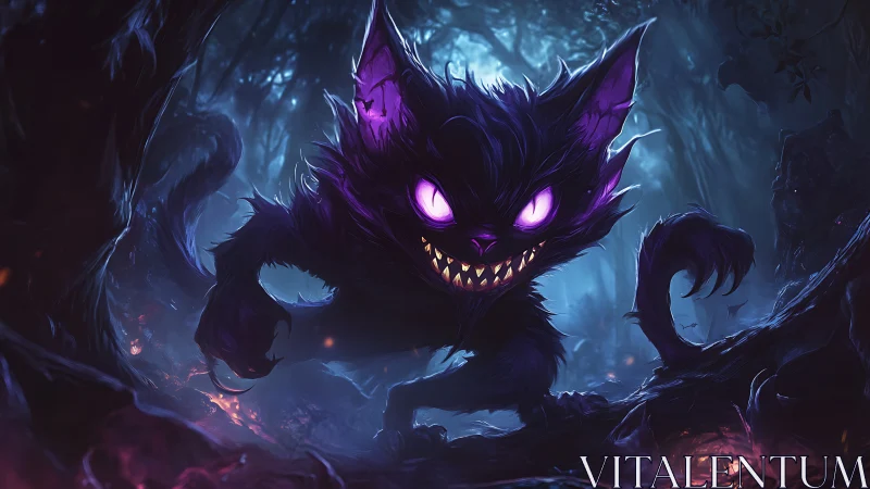 Glowing eyed feline creature in dark bioluminescent forest.