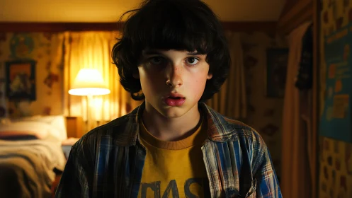 Teen boy in dim bedroom interior with warm backlight.