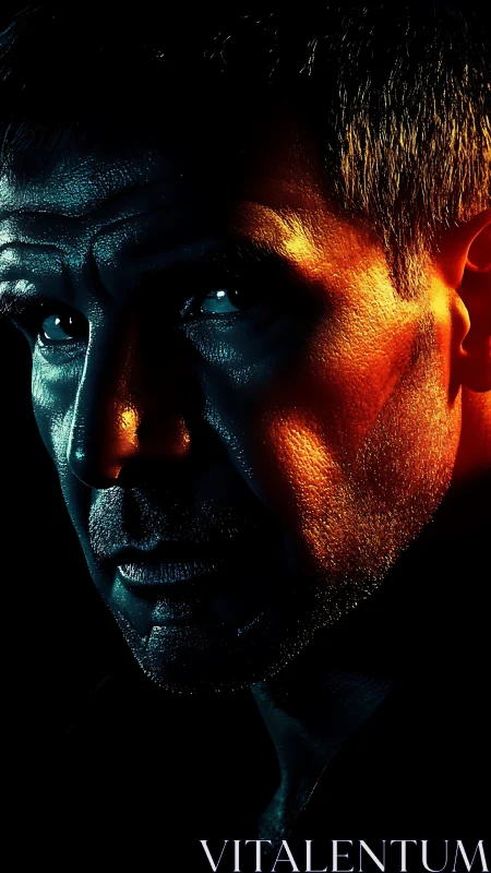 Cinematic male portrait in split teal and amber lighting.