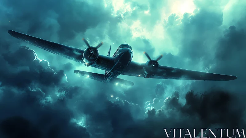 Stormlit vintage aircraft soaring through glowing clouds.