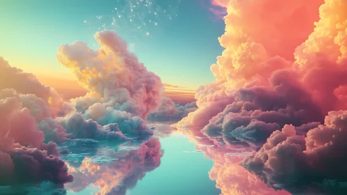 Dreamy pastel cloudscape reflecting over calm water.