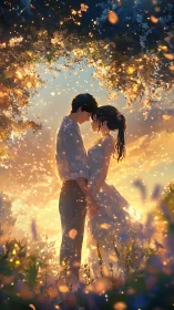 Backlit anime couple in dusk meadow framed by bokeh foliage