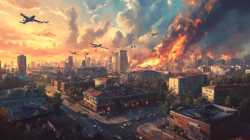 Urban skyline undergoes aerial bombardment at sunset