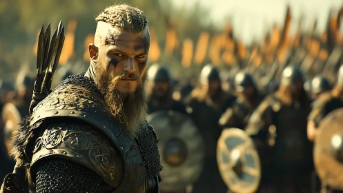 Cinematic warrior portrait in shallow-depth battlefield staging.