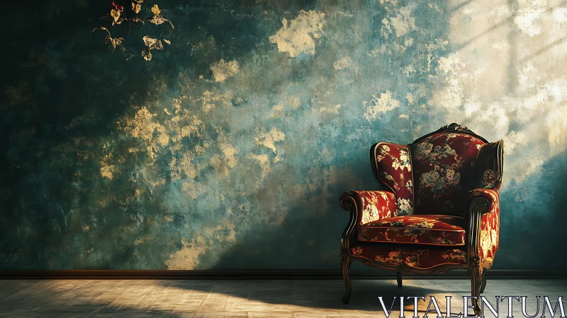 Vintage floral armchair stands against textured blue wall