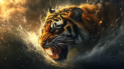 Hyperreal snarling tiger bursting through dynamic water spray