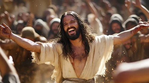 Joy-struck prophet welcomes the crowd in desert sunlight.