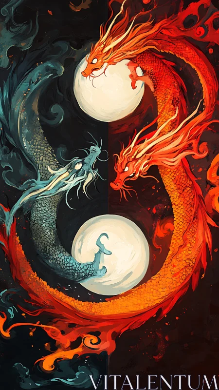 Twin elemental dragons swirling in a fiery, moonlit dance.