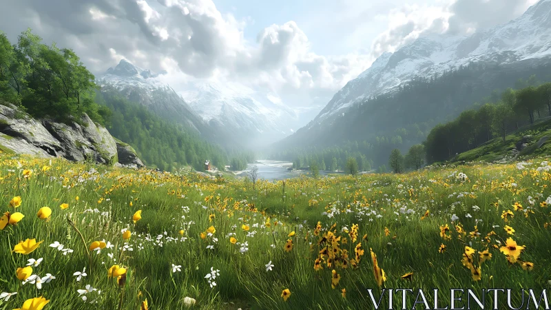 Mountain valley meadow with wildflowers under bright clouds.