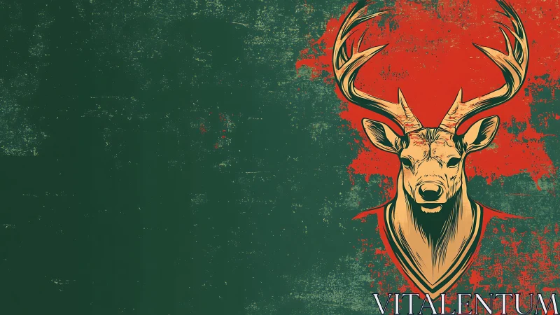 Regal stag on scarlet splatter against deep forest green.