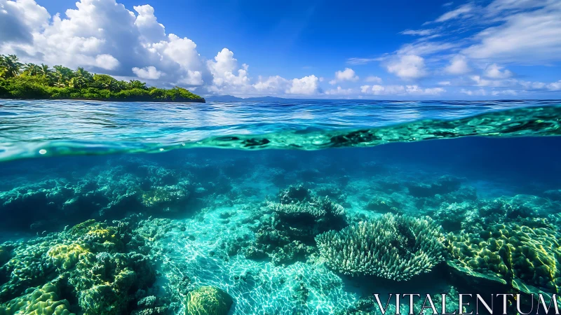 Split-level tropical reefscape with luminous coral plane.