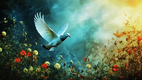 Skybright dove crossing a painted storm of wildflowers.