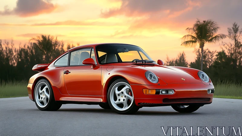 Photorealistic sunset portrait of classic red sports coupe.