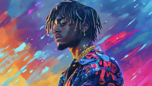 Neon-lit portrait of man with dreads in dynamic brushstroke field