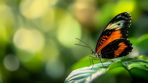 Vibrant orange butterfly rests quietly in soft forest light