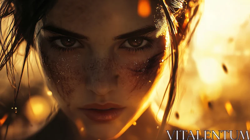 War-torn woman stares through firelit embers, eyes blazing.