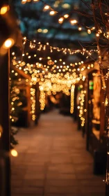 Warm fairy lights illuminate narrow evening alleyway
