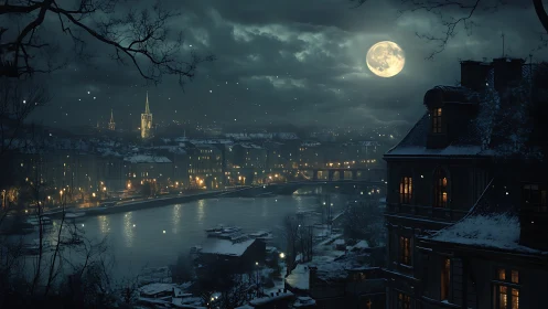Moonlit winter river city glows softly under falling snow