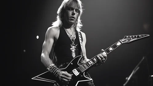 Leatherclad shredder bends light on star-shaped guitar.