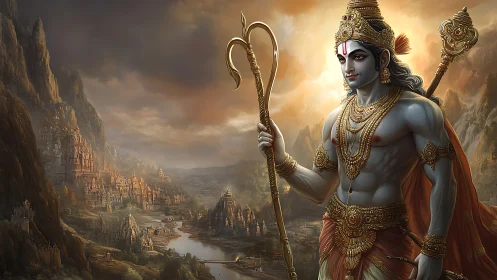 Divine blue-skinned warrior deity over mythic river kingdom