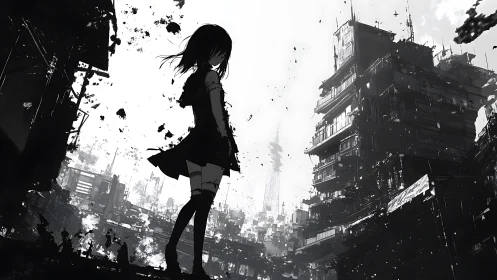 Silhouetted urban heroine amid high-contrast megastructure bloom.