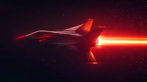 Futuristic red starfighter streaks through glowing deep space.