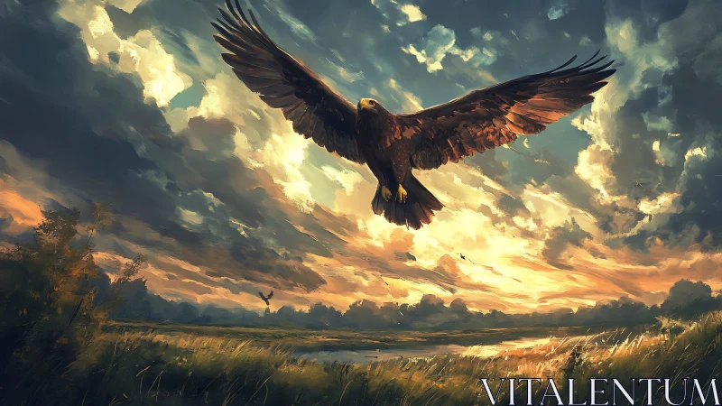 Majestic eagle soaring over sunset landscape in digital painting.
