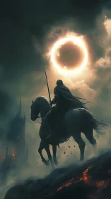 Rider beneath burning eclipse over ruined dark kingdom.