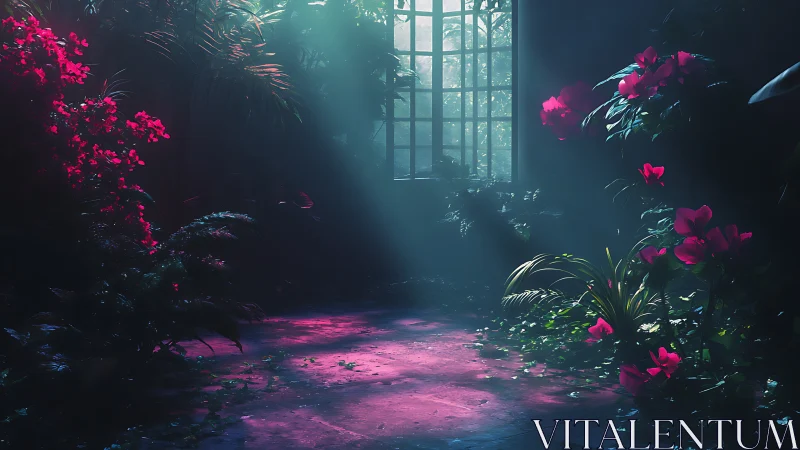 Moonlit greenhouse garden glows with luminous magenta blooms.