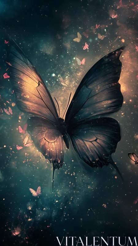 Large illuminated butterfly in nebulous night environment.