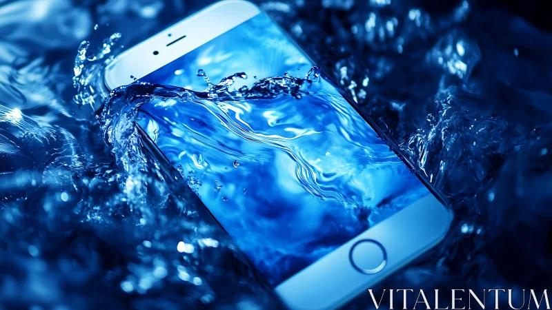 Smartphone plunges into vivid blue water in sharp focus.