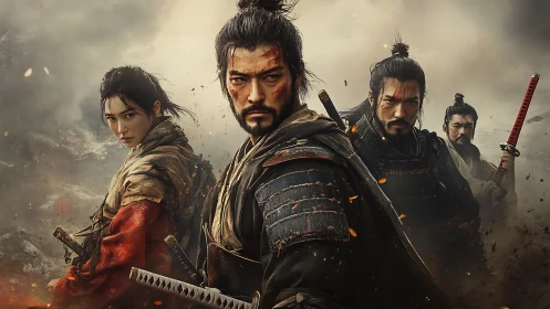 Battle worn samurai warriors stand ready in smoky battlefield.