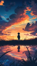 Solitary child silhouetted against neon dusk sky reflection.