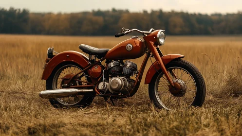 Vintage motorcycle stands in dry grass under overcast sky