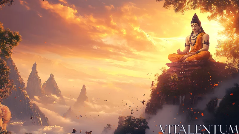 Serene golden Buddha overlooks misty mountain valley at dawn