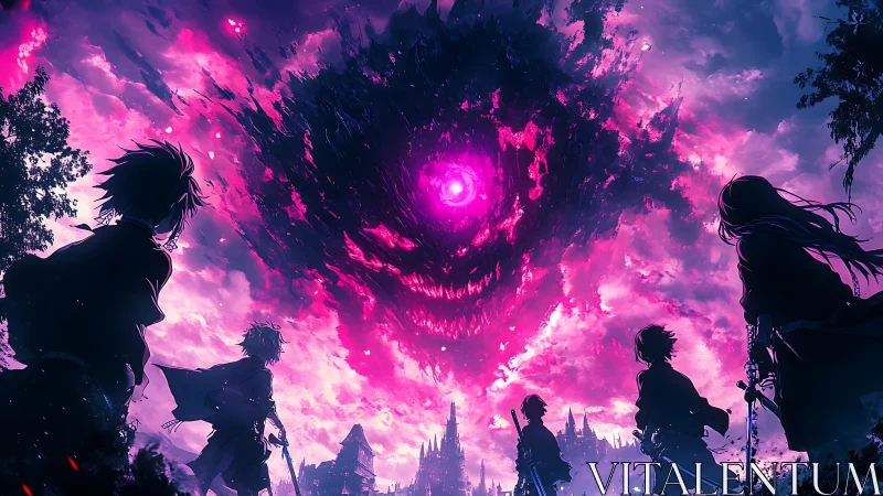 Sword-wielding silhouettes under swirling void sky.