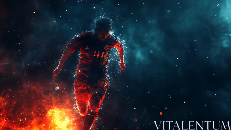 Dynamic football player emerging through dual fire and smoke lighting
