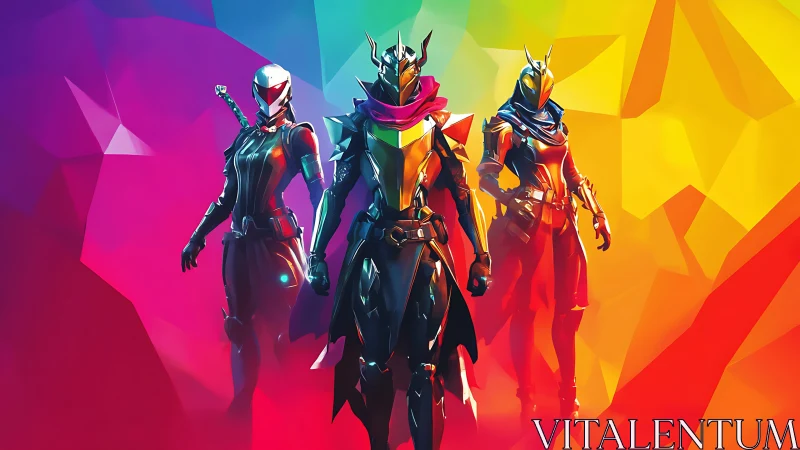 Armored trio in neon sci fi suits against prismatic backdrop.